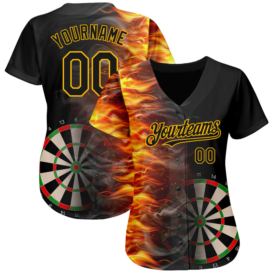 Custom Black Gold 3D Pattern Design Fiery Dart Board Authentic Baseball Jersey