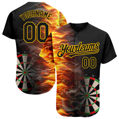 Custom Black Gold 3D Pattern Design Fiery Dart Board Authentic Baseball Jersey