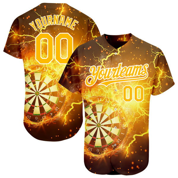 Custom Baseball Jersey Black Gold 3D Pattern Design Flame Bowling Authentic Men's Size:L