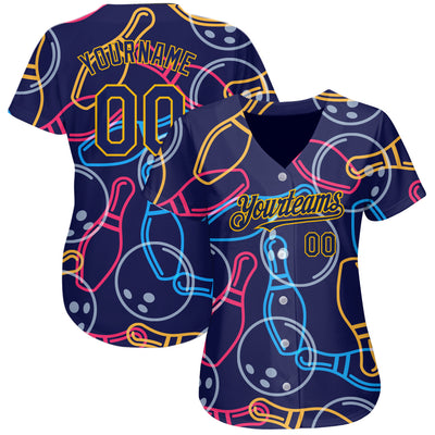 Custom Navy Gold 3D Pattern Design Bowling Authentic Baseball Jersey