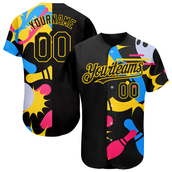 Custom Baseball Jersey Black Yellow 3D Pattern Design Bowling Authentic Men's Size:3XL