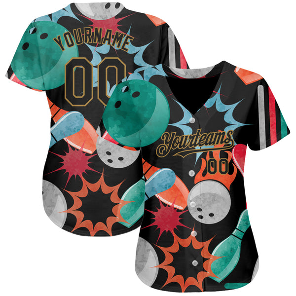 Custom Baseball Jersey Black Gold 3D Pattern Design Bowling Authentic Men's Size:3XL