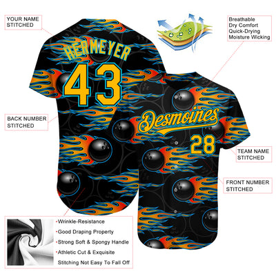 Custom Black Gold-Lakes Blue 3D Pattern Design Bowling Ball With Hotrod Flame Authentic Baseball Jersey