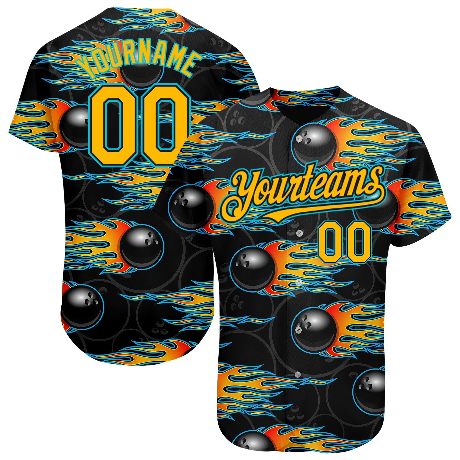 Custom Baseball Jersey Black Gold-Lakes Blue 3D Pattern Design Bowling Ball with Hotrod Flame Authentic Women's Size:L