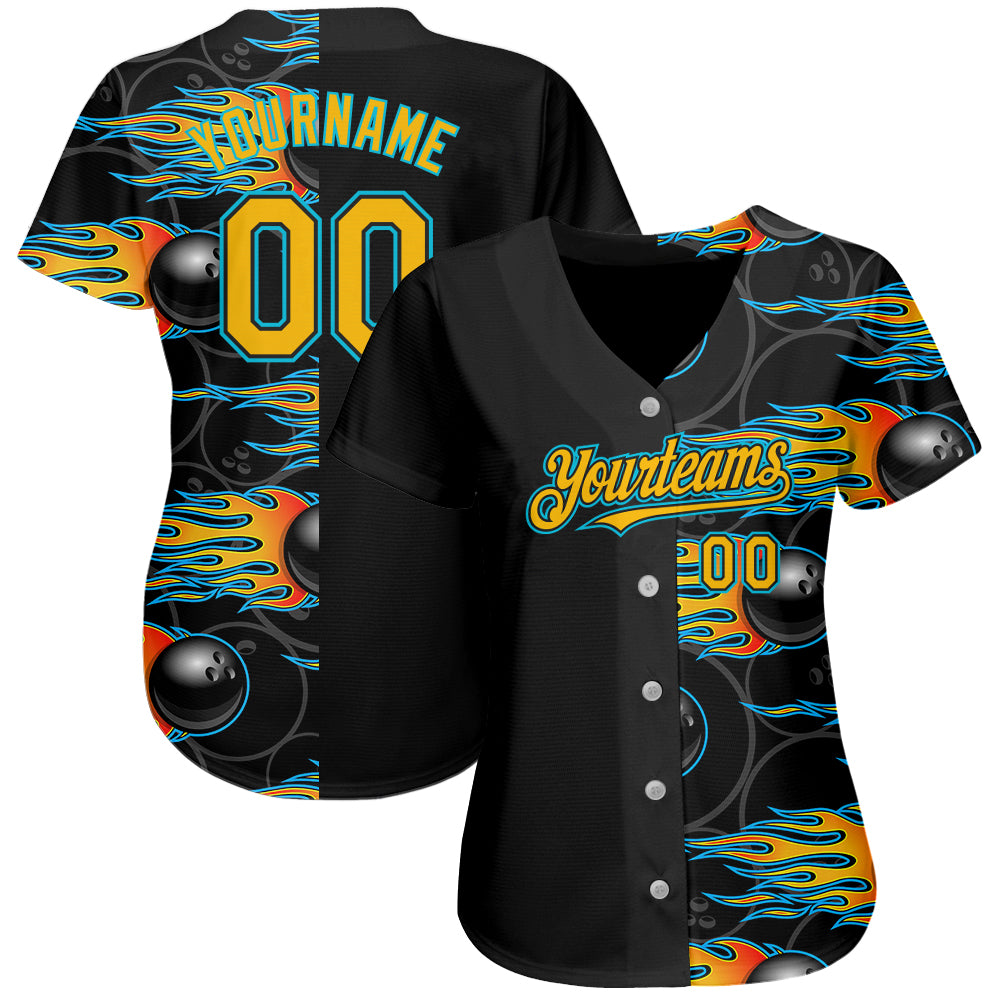 Custom Baseball Jersey Black Gold 3D Pattern Design Flame Bowling Authentic Men's Size:L