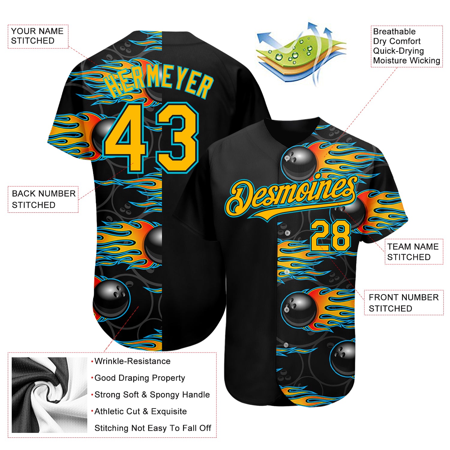 Custom Baseball Jersey Black Gold-Lakes Blue 3D Pattern Design Bowling Ball with Hotrod Flame Authentic Women's Size:L