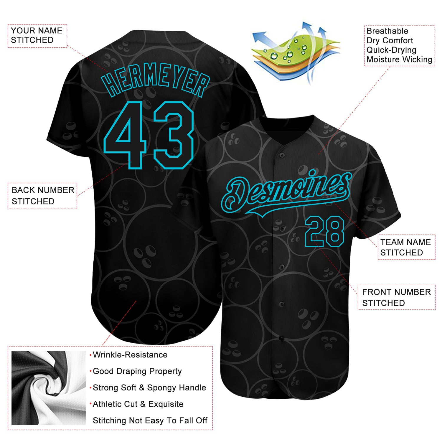 Custom Baseball Jersey Black Lakes Blue 3D Pattern Design Bowling Ball Authentic Men's Size:L