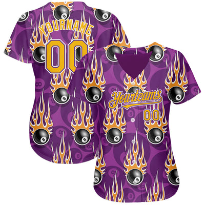 Custom Purple Gold-White 3D Pattern Design Billiards Snooker 8 Ball With Hotrod Flame Authentic Baseball Jersey