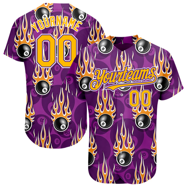 Custom Baseball Jersey Purple Gold-White 3D Pattern Design Billiards Snooker 8 Ball with Hotrod Flame Authentic Women's Size:S