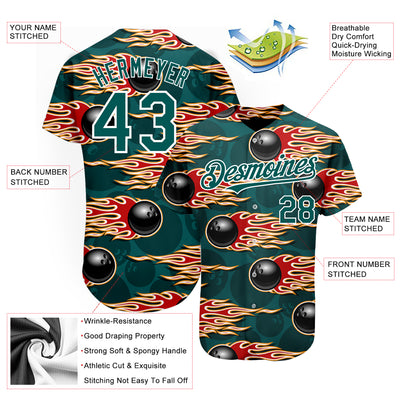 Custom Midnight Green White 3D Pattern Design Bowling Ball With Hotrod Flame Authentic Baseball Jersey