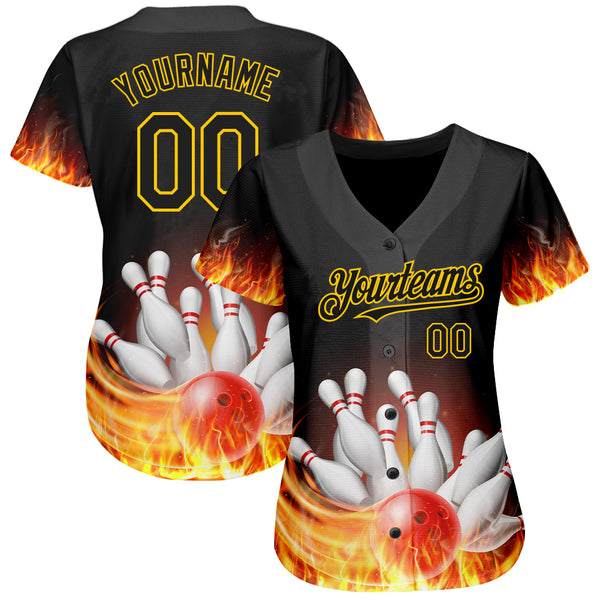 Custom Baseball Jersey Black Gold-Lakes Blue 3D Pattern Design Bowling Ball with Hotrod Flame Authentic Women's Size:L
