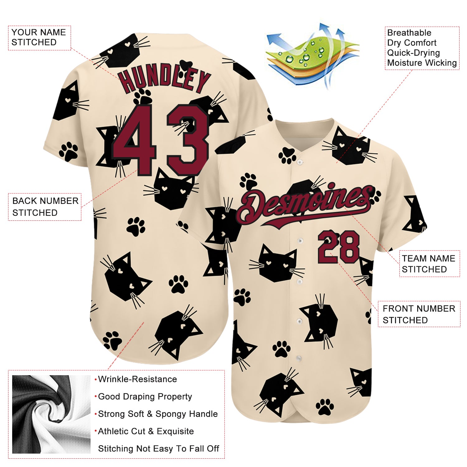 Custom Cream Crimson-Black 3D Pattern Design Cat Authentic Baseball Jersey