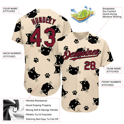 Custom Cream Crimson-Black 3D Pattern Design Cat Authentic Baseball Jersey