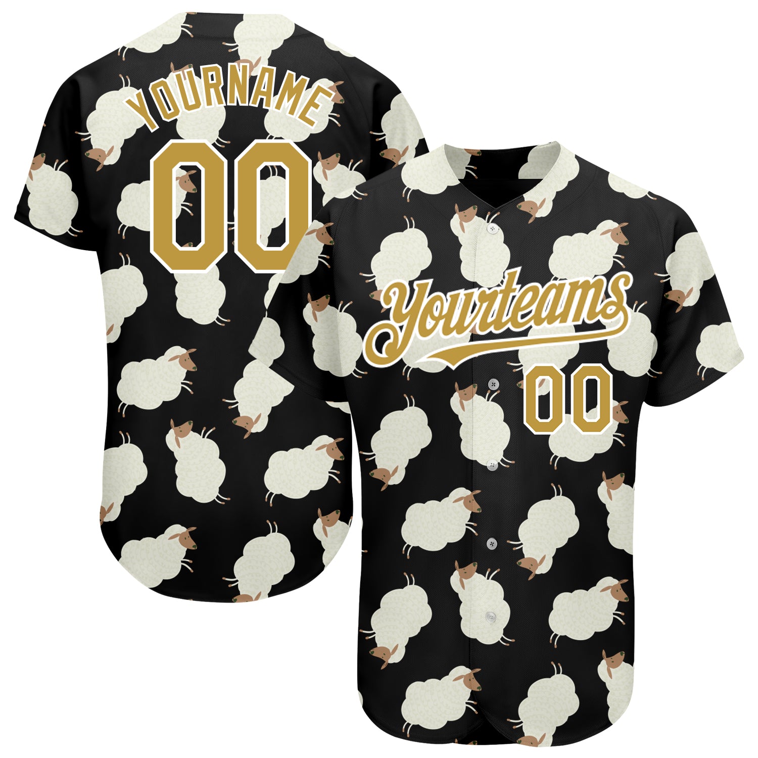 Custom Baseball Jersey Black Old Gold-White 3D Pattern Design Goat Authentic Men's Size:3XL