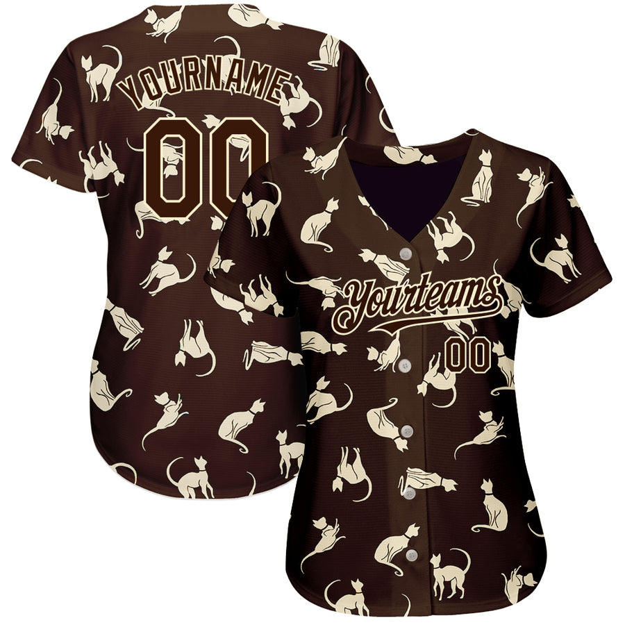 Custom Brown Cream 3D Pattern Design Cat Authentic Baseball Jersey