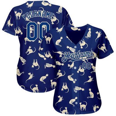 Custom US Navy Blue Cream 3D Pattern Design Cat Authentic Baseball Jersey