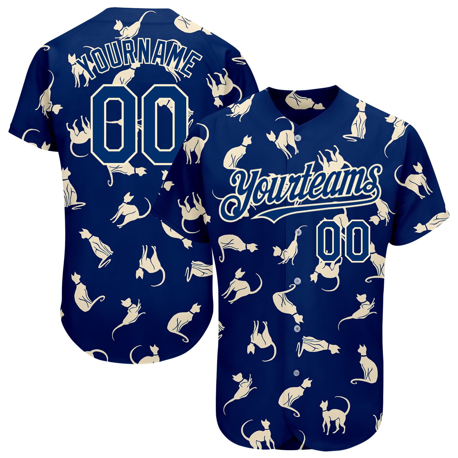 Custom US Navy Blue Cream 3D Pattern Design Cat Authentic Baseball Jersey