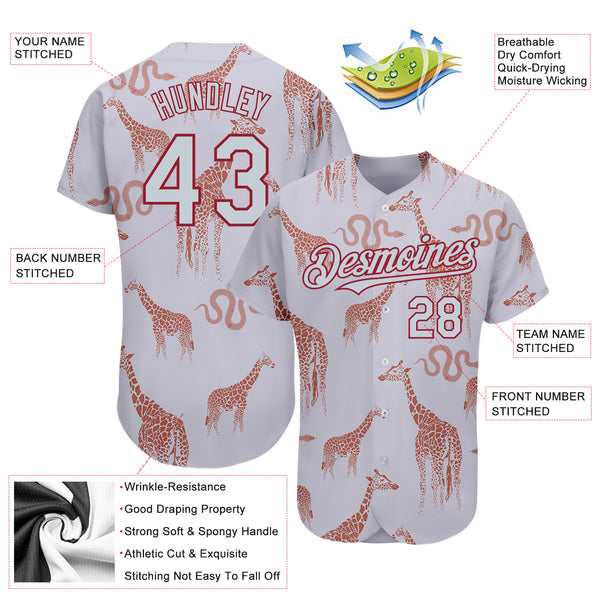 Custom Baseball Jersey Gray Silver-Cardinal 3D Pattern Design Giraffe and Snake Authentic Women's Size:S