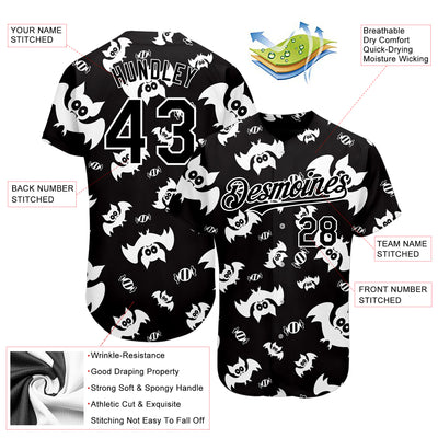 Custom Black White 3D Pattern Design Bat Authentic Baseball Jersey