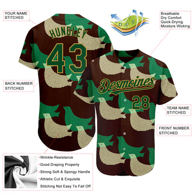 Custom Black Green-Old Gold 3D Pattern Design Bird Authentic Baseball Jersey