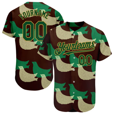 Custom Black Green-Old Gold 3D Pattern Design Bird Authentic Baseball Jersey