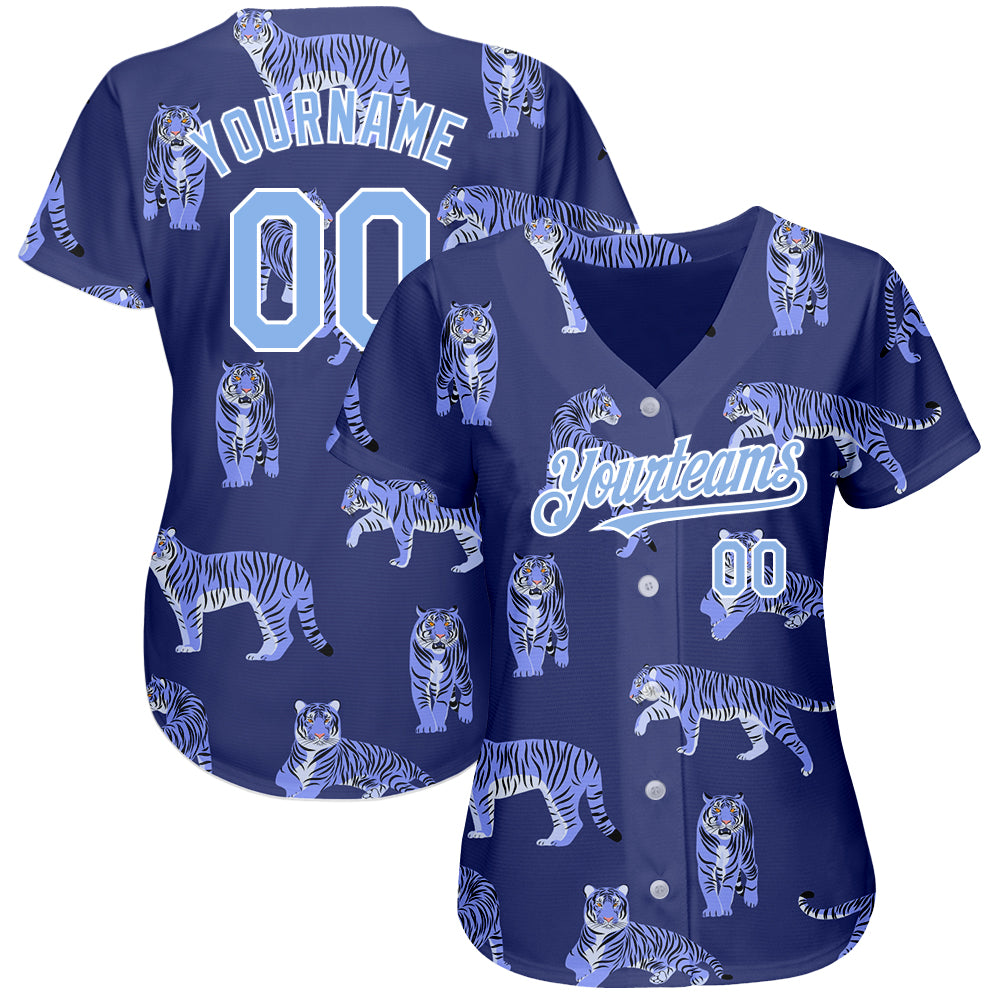 Custom Dark Purple Light Blue-White 3D Pattern Design Tiger Authentic Baseball Jersey