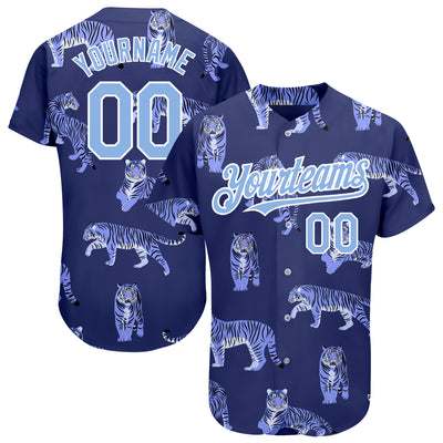 Custom Dark Purple Light Blue-White 3D Pattern Design Tiger Authentic Baseball Jersey