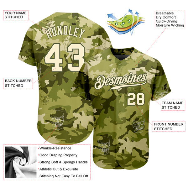 Custom Skull Fashion Baseball Jersey Camo Cream-Olive 3D Authentic