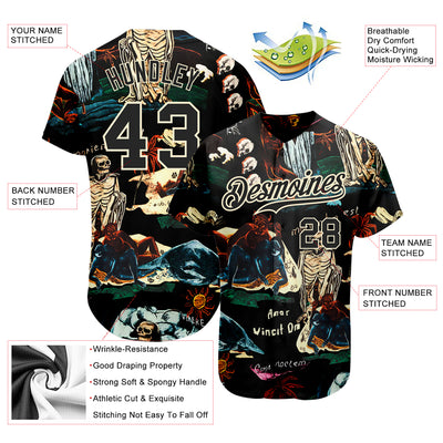 Custom Black Cream 3D Tropical Plant And Skull Fashion Authentic Baseball Jersey