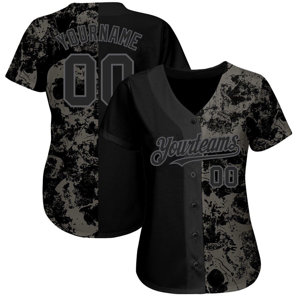 Custom Black Steel Gray 3D Skull Fashion Authentic Baseball Jersey