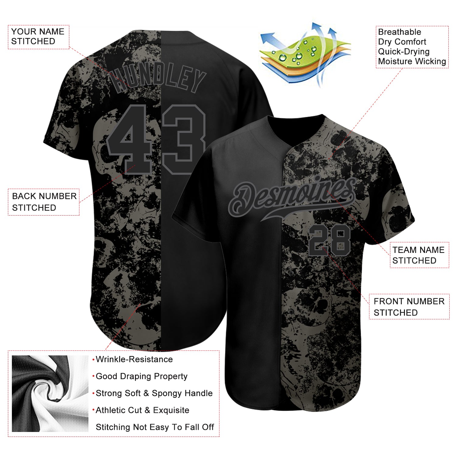 Custom Black Steel Gray 3D Skull Fashion Authentic Baseball Jersey