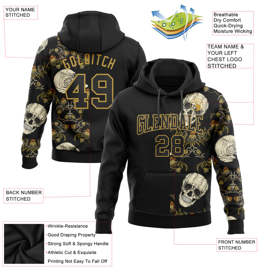 Custom Stitched Black Old Gold 3D Skull Fashion Plant Sports Pullover Sweatshirt Hoodie