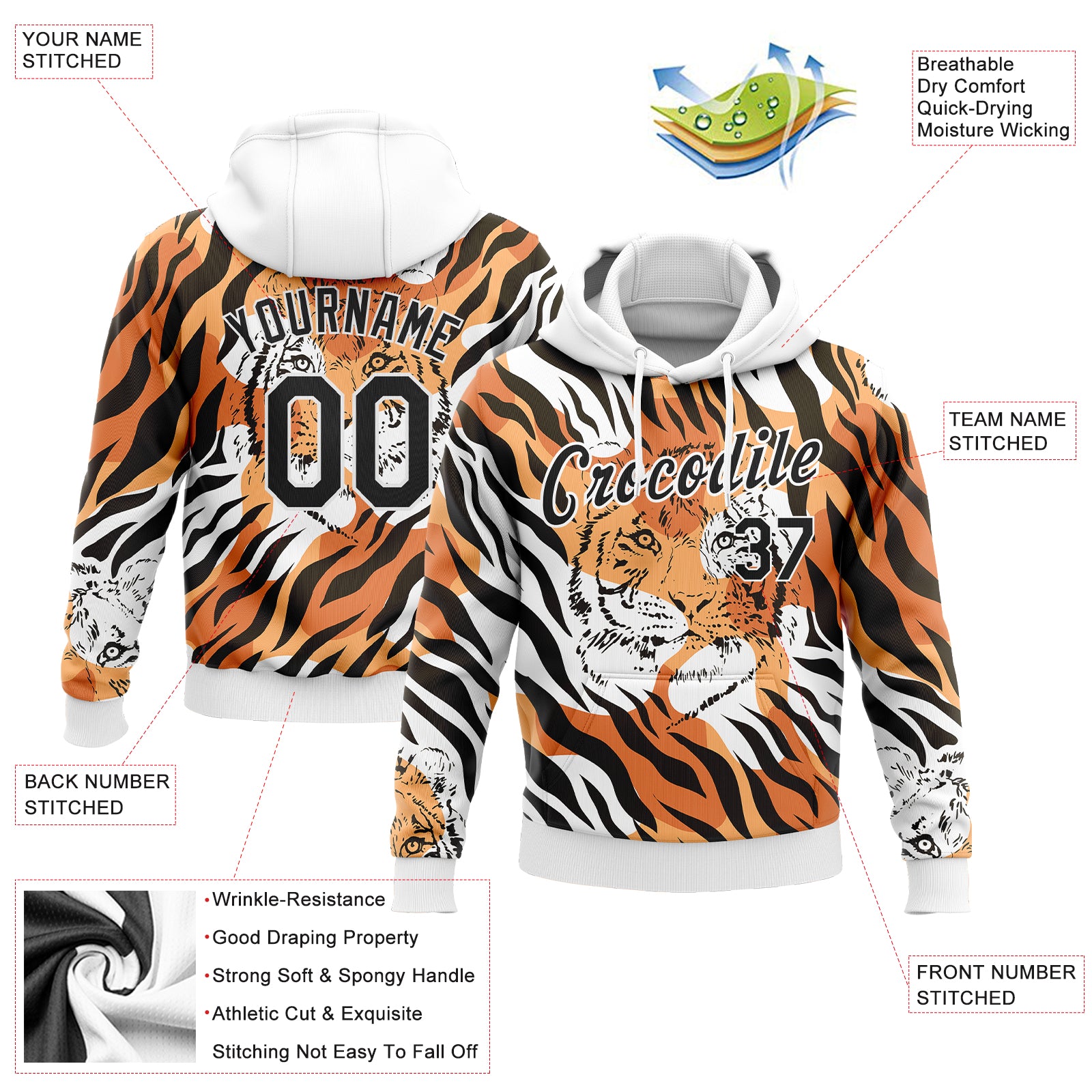 Custom Stitched Orange Black-White 3D Pattern Design Tiger Sports Pullover Sweatshirt Hoodie