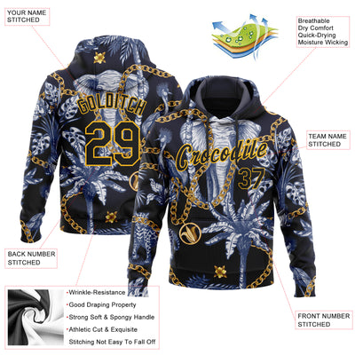 Custom Stitched Navy Black-Gold 3D Pattern Design Elephant And Tropical Palm Tree Sports Pullover Sweatshirt Hoodie