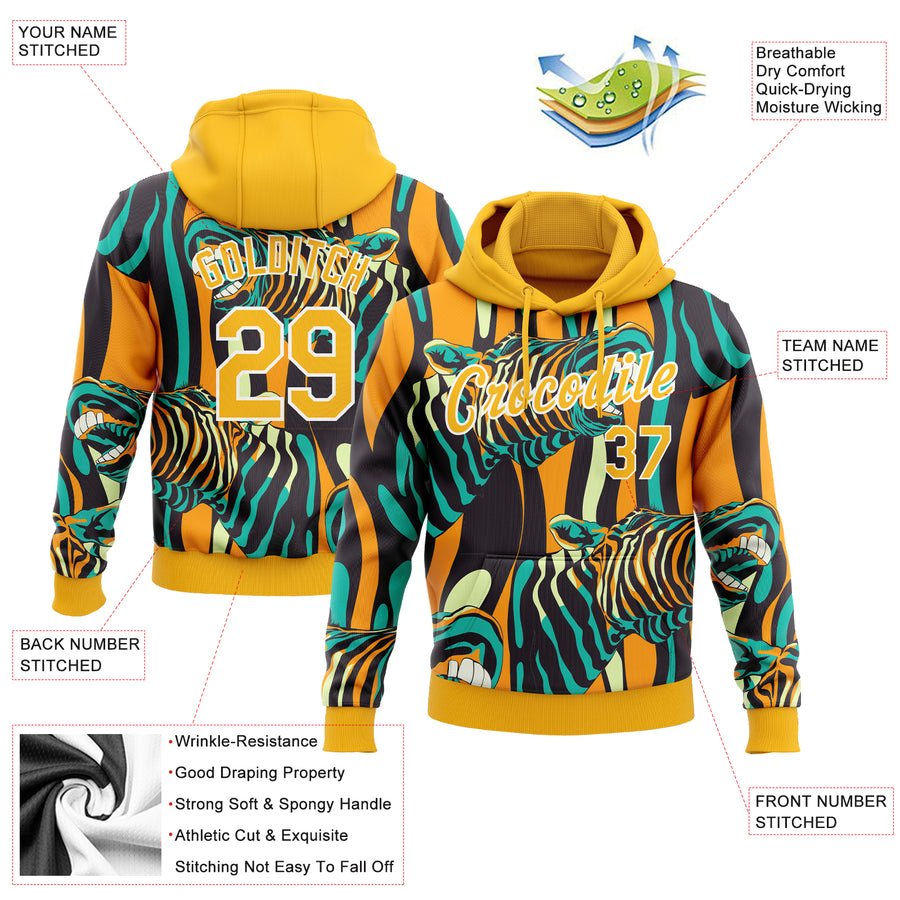 Custom Stitched Gold-White 3D Pattern Design Zebra Sports Pullover Sweatshirt Hoodie