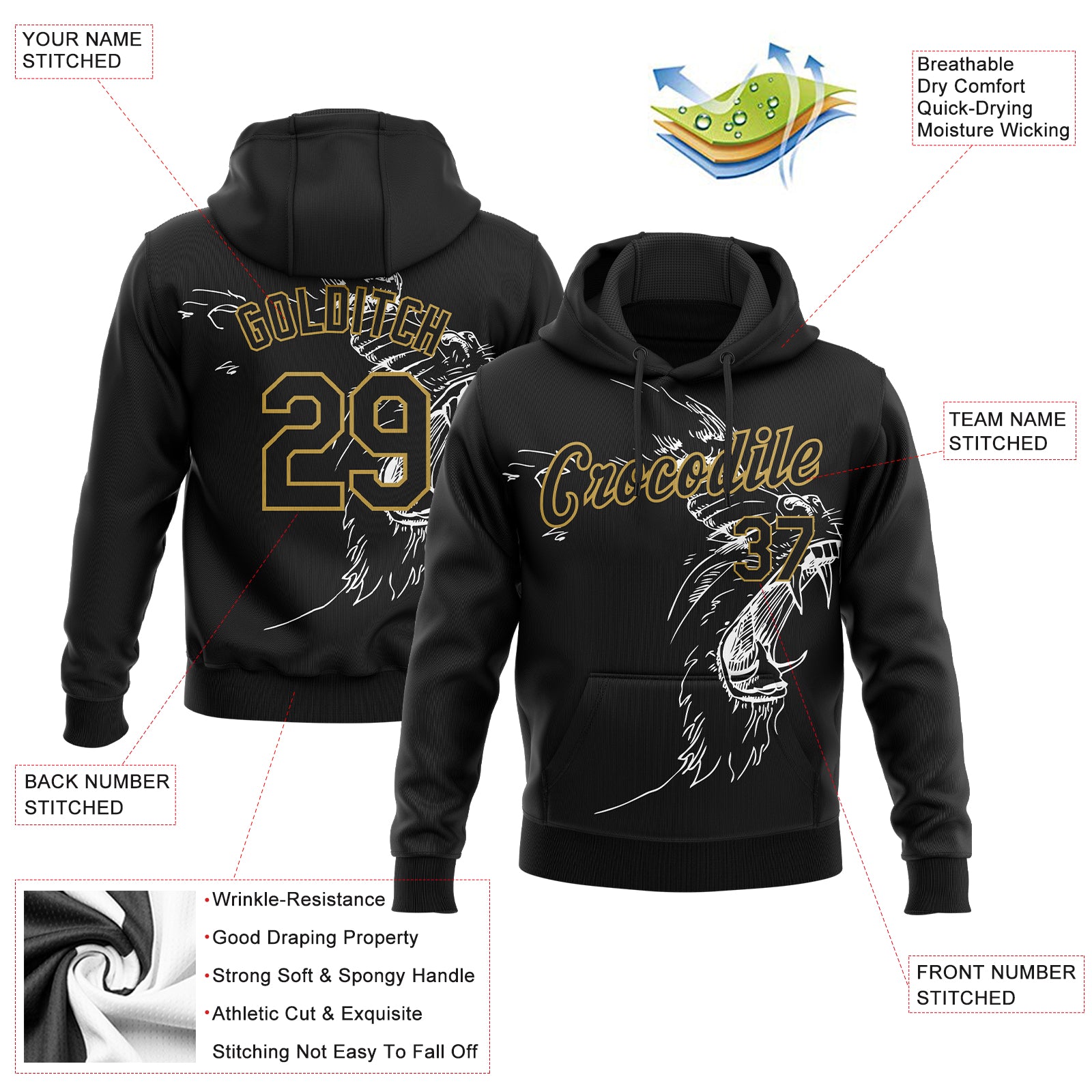 FANSIDEA Custom Stitched Black Gold Fade Fashion Sports Pullover Sweatshirt Hoodie Youth Size:S