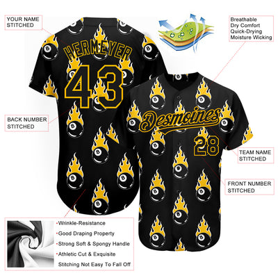 Custom Black Gold 3D Pattern Design Flaming Billiards Snooker 8 Ball Authentic Baseball Jersey