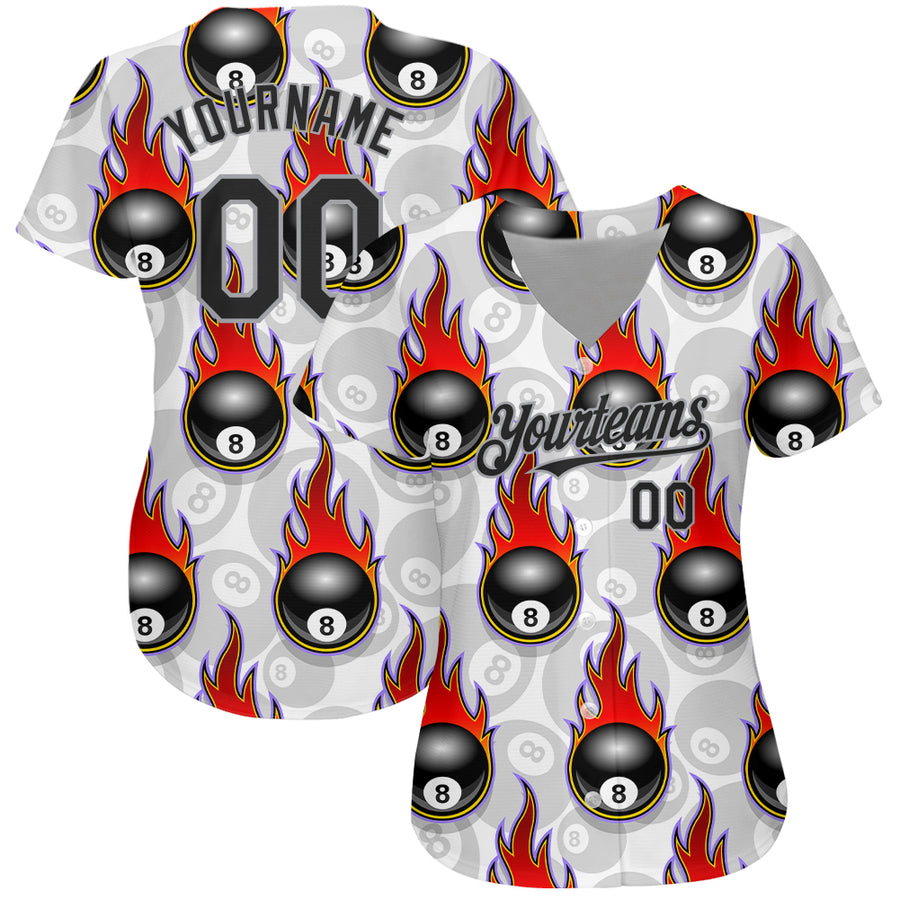 Custom White Black-Gray 3D Pattern Design Flaming Billiards Snooker 8 Ball Authentic Baseball Jersey