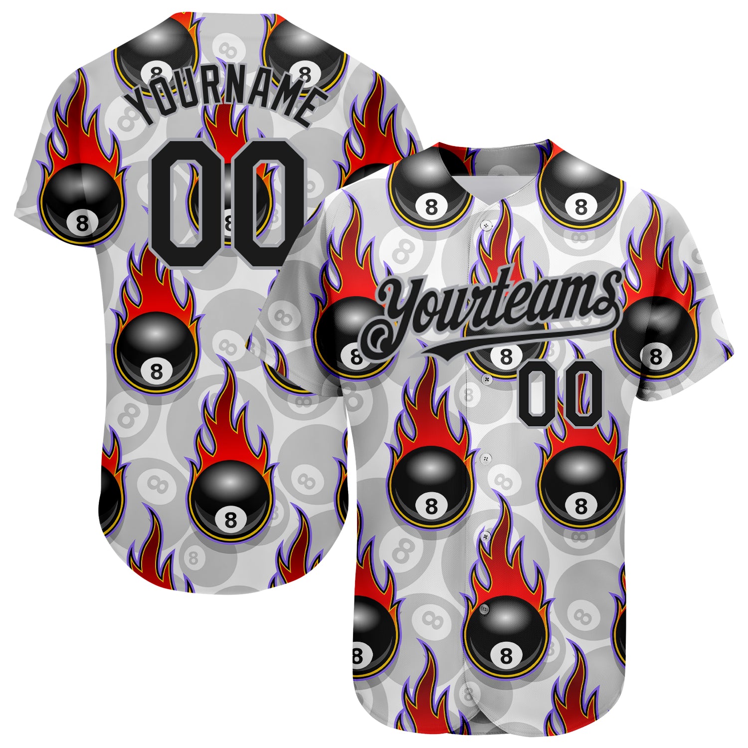 Custom Baseball Jersey Purple Gold-White 3D Pattern Design Billiards Snooker 8 Ball with Hotrod Flame Authentic Women's Size:S