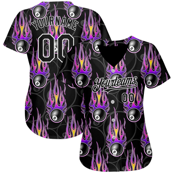 Custom Baseball Jersey Purple Gold-White 3D Pattern Design Billiards Snooker 8 Ball with Hotrod Flame Authentic Women's Size:S