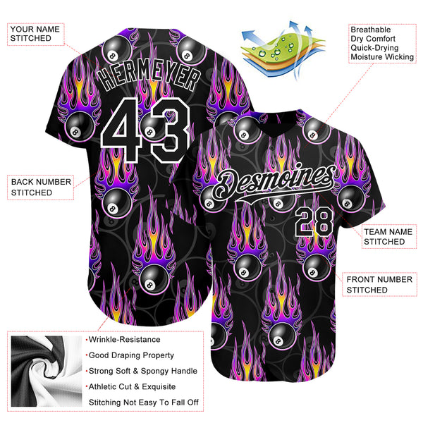 Custom Baseball Jersey Purple Gold-White 3D Pattern Design Billiards Snooker 8 Ball with Hotrod Flame Authentic Women's Size:S