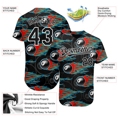 Custom Black White 3D Pattern Design Flaming Billiards Snooker 8 Ball Authentic Baseball Jersey