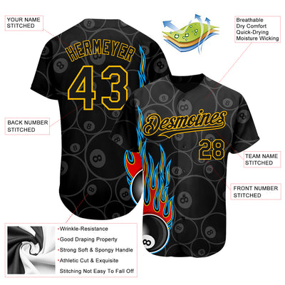 Custom Black Gold 3D Pattern Design Flaming Billiards Snooker 8 Ball Authentic Baseball Jersey