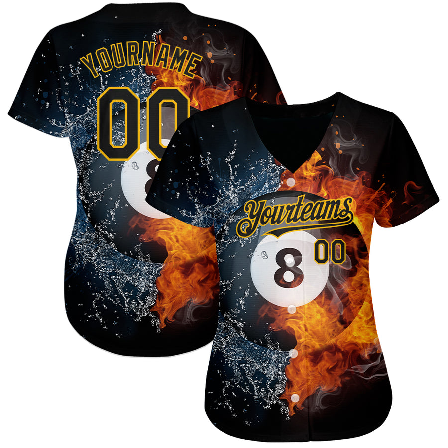 Custom Baseball Jersey Purple Gold-White 3D Pattern Design Billiards Snooker 8 Ball with Hotrod Flame Authentic Women's Size:S