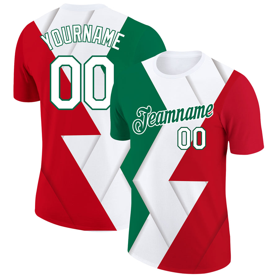 Custom White Performance T-Shirt Red-Kelly Green 3D Mexico Watercolored  Splashes Grunge Design - FansIdea