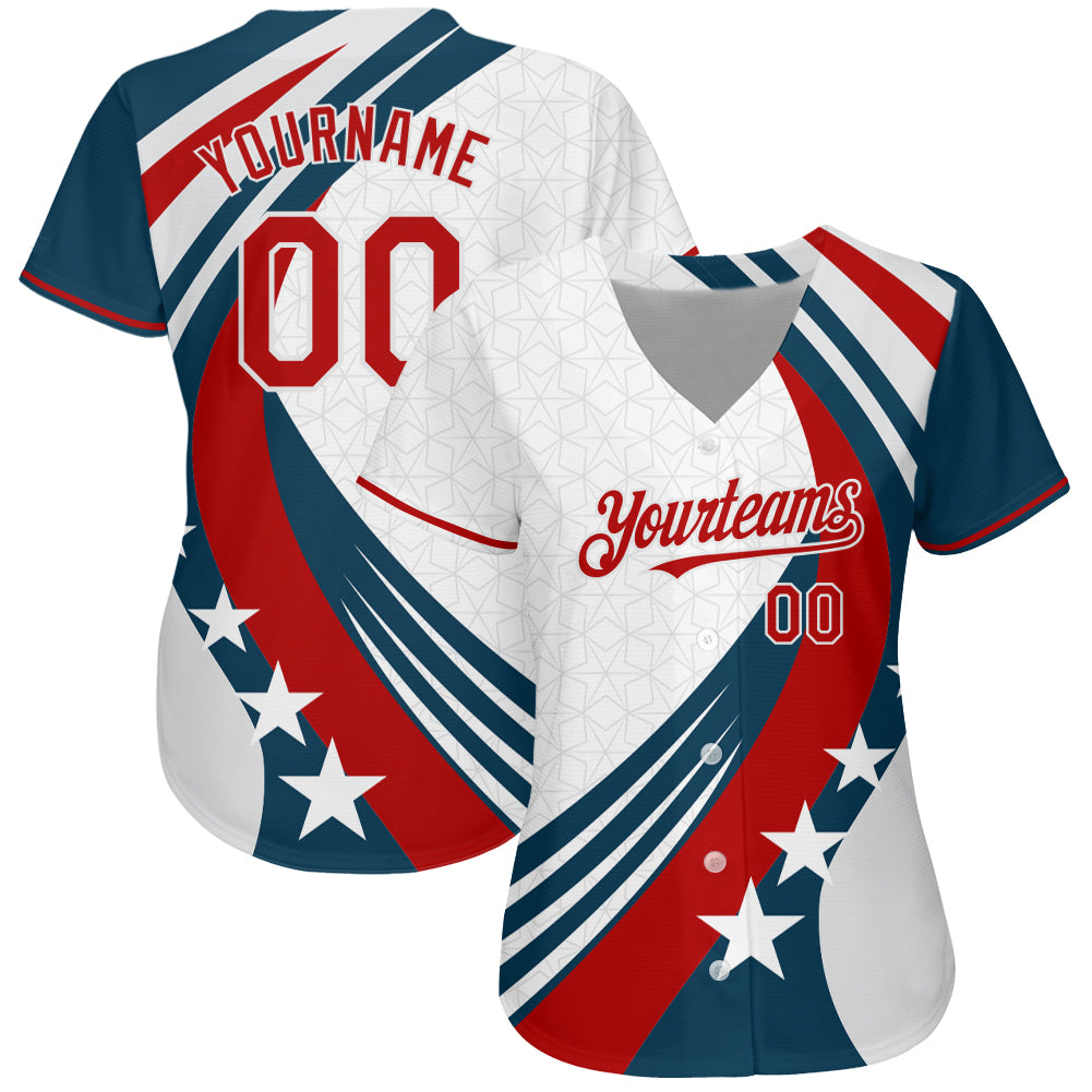 Custom White White-Red 3D American Flag Authentic Baseball Jersey