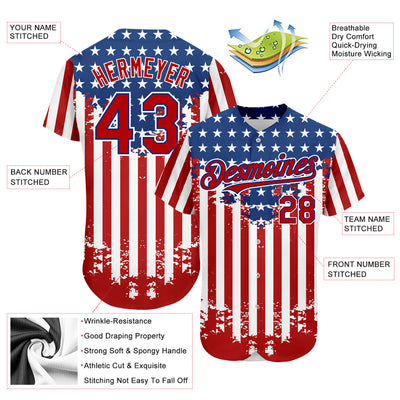 Custom Red Royal-White 3D American Flag Authentic Baseball Jersey