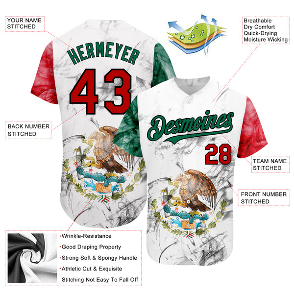 Custom Baseball Jersey White Red Kelly Green-Black 3D Mexican Flag Authentic Youth Size:M