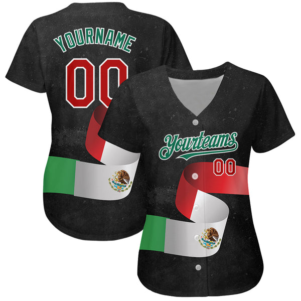 Custom Baseball Jersey Black Red Kelly Green 3D Mexican Flag Authentic Men's Size:L