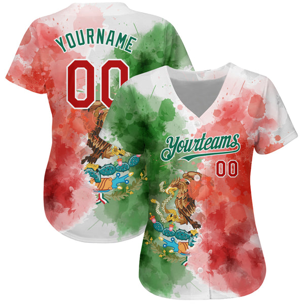 Custom Baseball Jersey Kelly Green Red-White 3D Mexican Flag Watercolored Splashes Grunge Design Authentic Women's Size:S